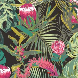 Viskose Webware von Art Gallery Fabrics "Esoterra" mit grünem Palmenmotiv und dezenten rosa Blüten auf dunklem Grund