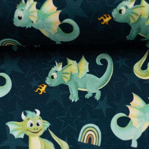 Fantastische Drachen ist ein süßes Drachnedesign auf petrol farbenem Baumwolljersey. Hergestellt von Swafing, erhältlich im Shop & Onlineshop von Das Stofferl